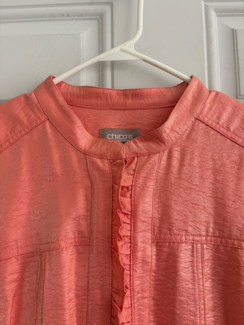 ❤️2/$15 or 3/$2Chico’s Coral Pink Ruffled Front Jacket, Size 3/Women’s XL - Picture 6 of 11